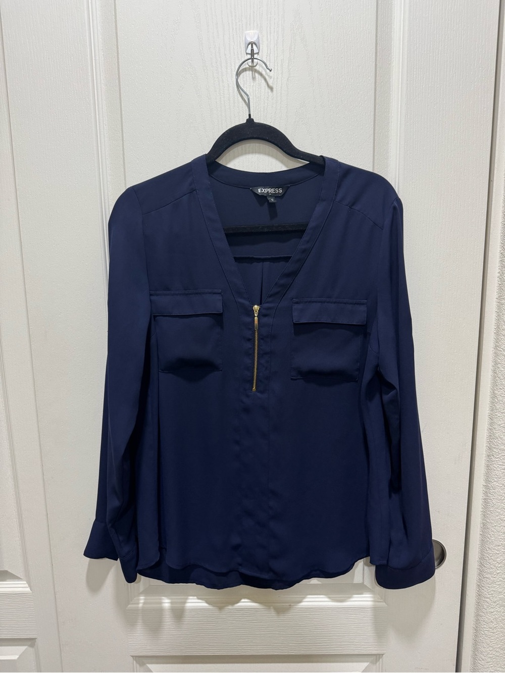 Express Women’s Navy Blue Utility Blouse Gold Zip Roll Tab Sleeve M